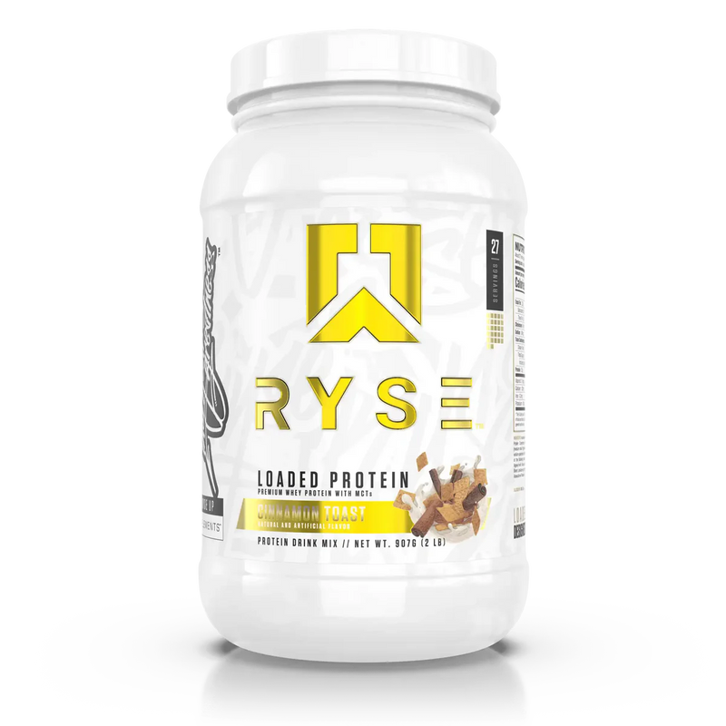 A container of RYSE Loaded Whey Protein Powder in Cinnamon Toast Flavor 