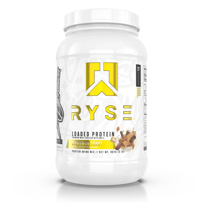 A container of RYSE Loaded Whey Protein Powder in Cinnamon Toast Flavor 
