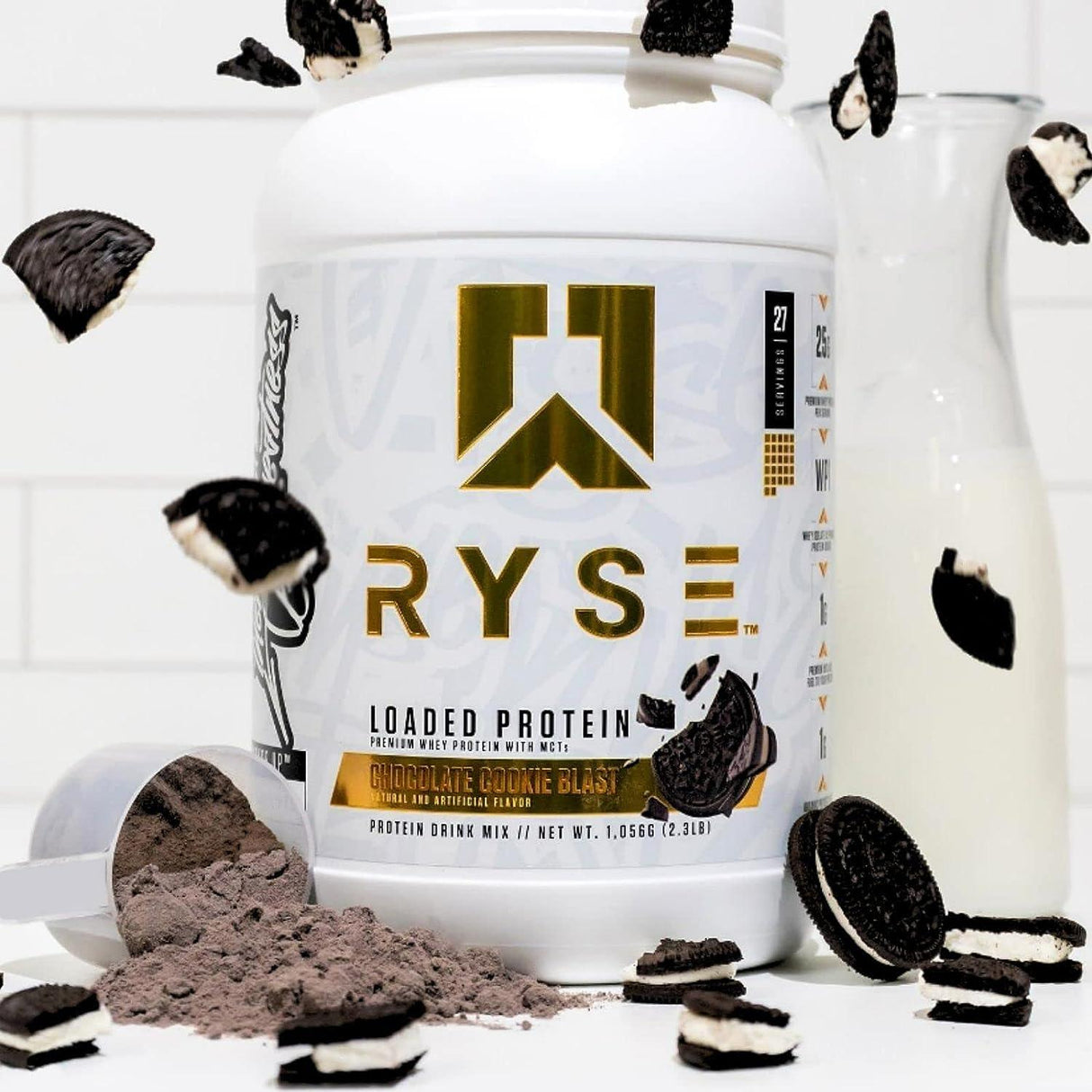 Ryse Loaded Protein container with chocolate cookie blast flavor on a white background