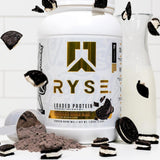 Ryse Loaded Protein container with chocolate cookie blast flavor on a white background