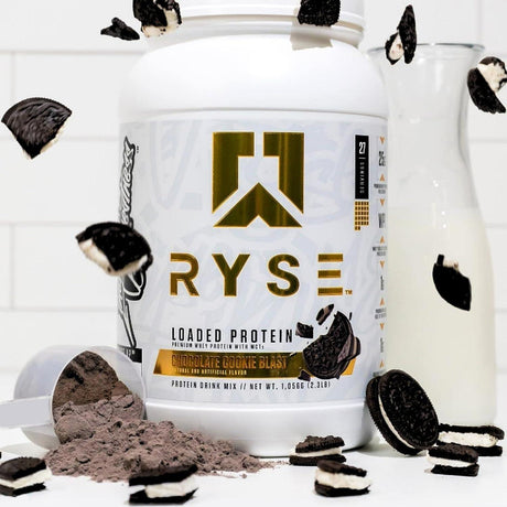 Ryse Loaded Protein container with chocolate cookie blast flavor on a white background
