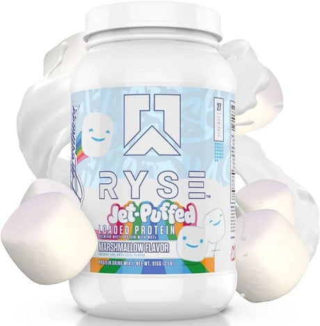 A container of RYSE Loaded Whey Protein Powder with Jet-Puffed_marshmallow Flavor