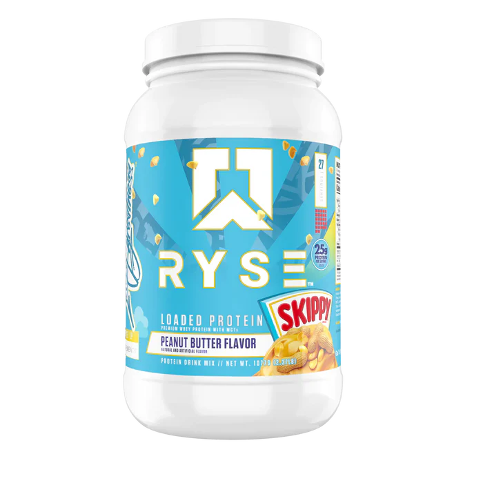 A container of RYSE Loaded Whey Protein Powder in Skippy Peanut Butter Flavor 