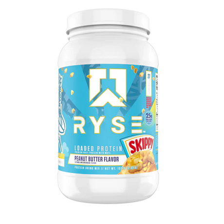 A container of RYSE Loaded Whey Protein Powder in Skippy Peanut Butter Flavor 