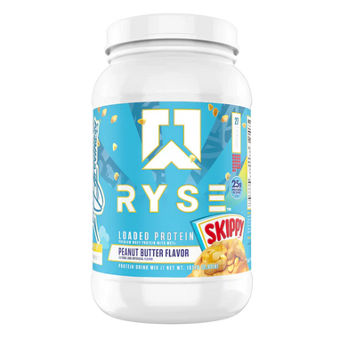A container of RYSE Loaded Whey Protein Powder in Skippy Peanut Butter Flavor 
