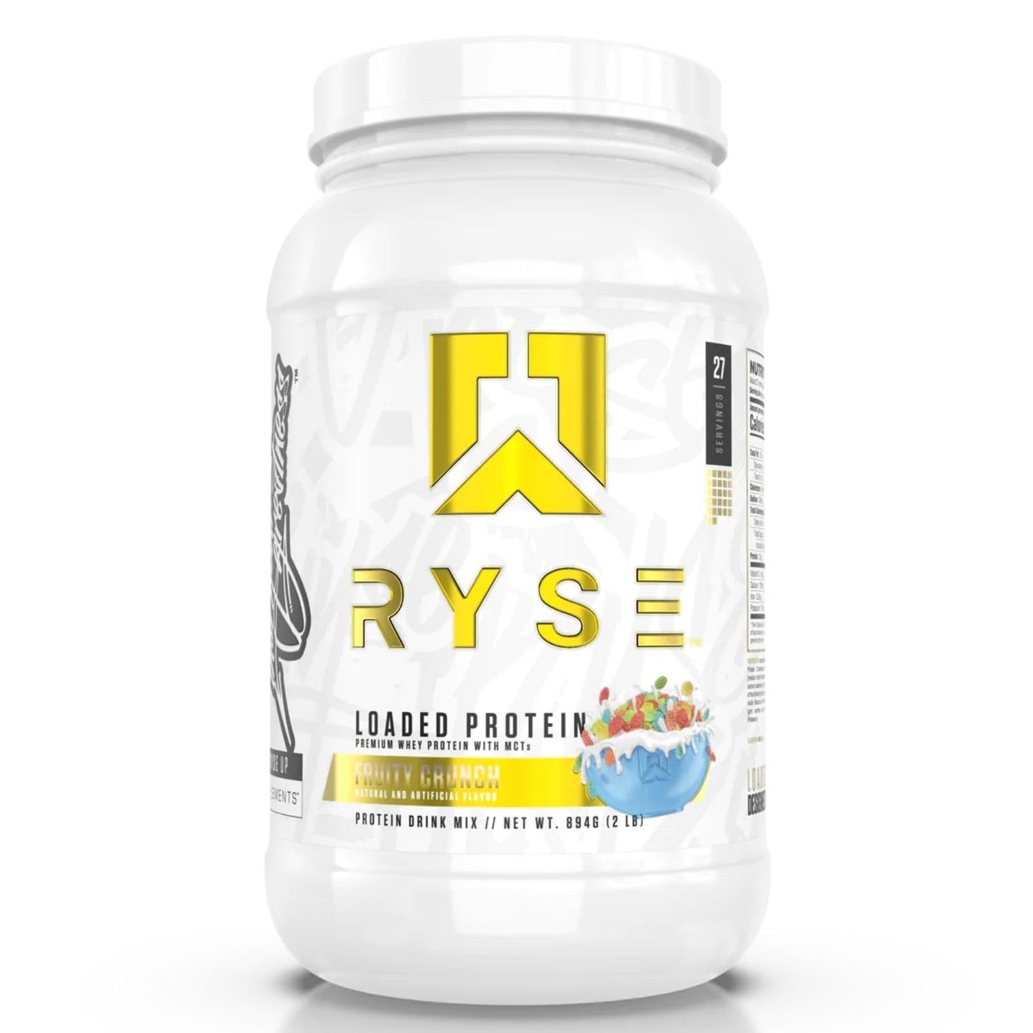 A container of RYSE Loaded Whey Protein Powder Fruity Crunch