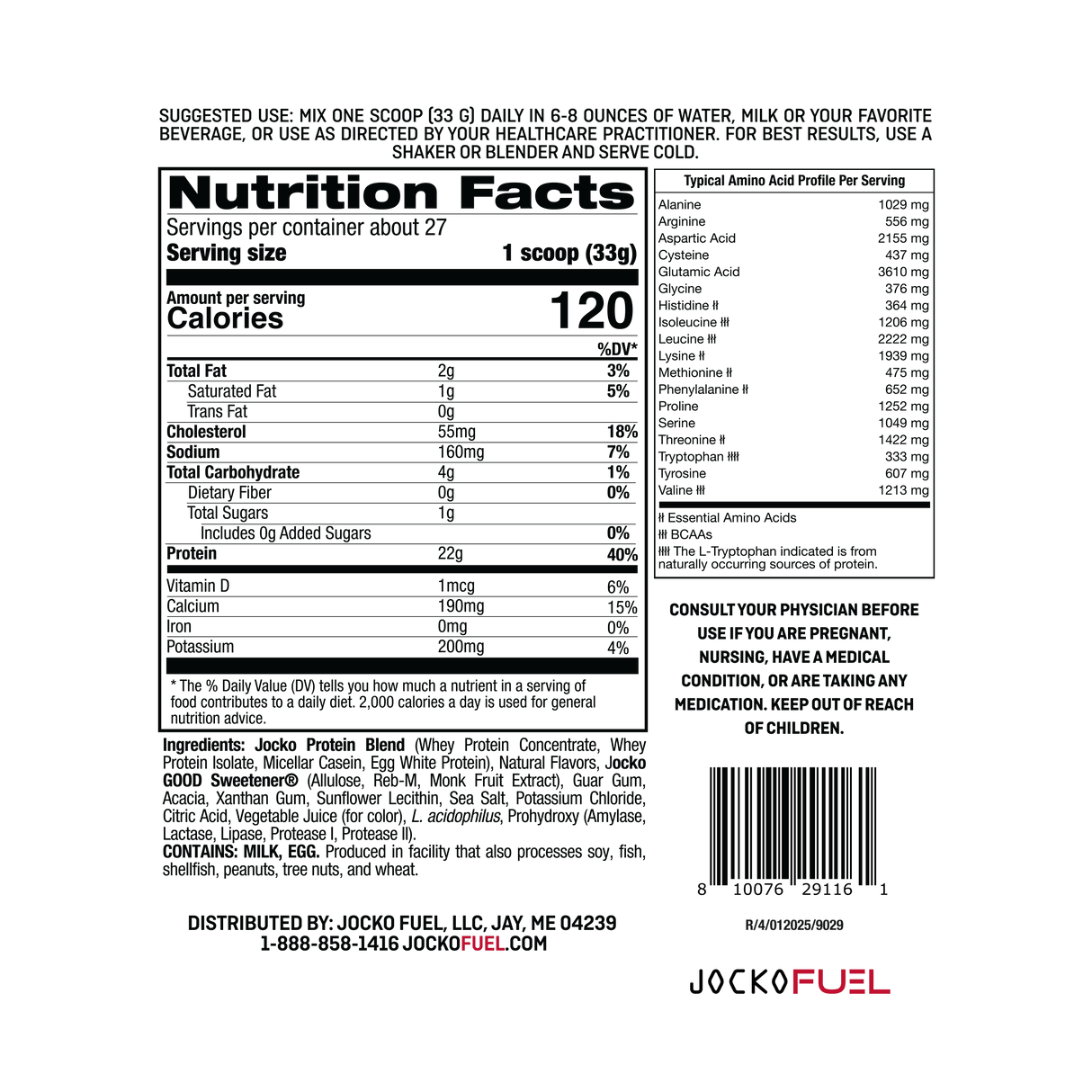 Ingredients and Macros Nutrition Panel for Jocko Fuel Molk Whey Protein Powder Supplement in Strawberry Milkshake Flavor