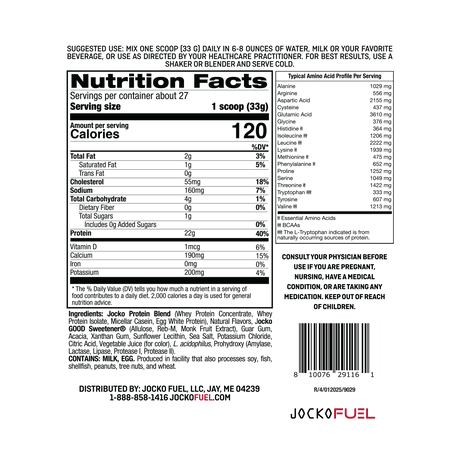 Ingredients and Macros Nutrition Panel for Jocko Fuel Molk Whey Protein Powder Supplement in Strawberry Milkshake Flavor