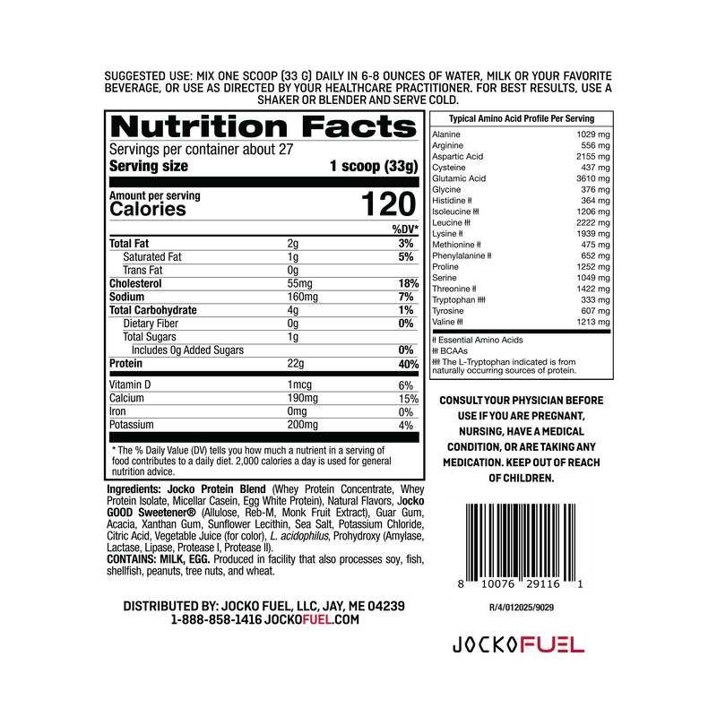 Ingredients and Macros Nutrition Panel for Jocko Fuel Molk Whey Protein Powder Supplement in Strawberry Milkshake Flavor