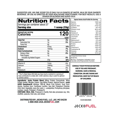 Ingredients and Macros Nutrition Panel for Jocko Fuel Molk Whey Protein Powder Supplement in Strawberry Milkshake Flavor