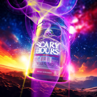 Bottle of 'Scary Hours' with a colorful, otherworldly background