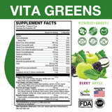 Vita Greens supplement facts label with green background and product imagery.