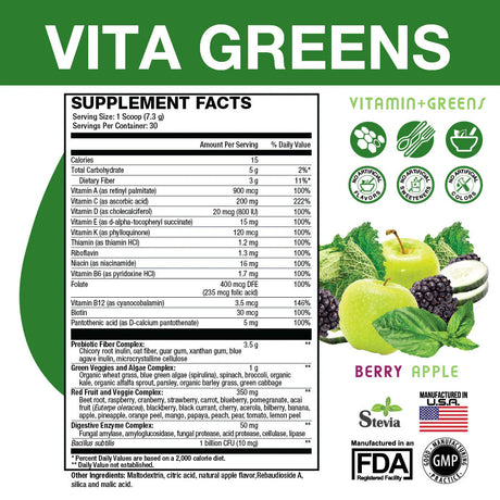 Vita Greens supplement facts label with green background and product imagery.