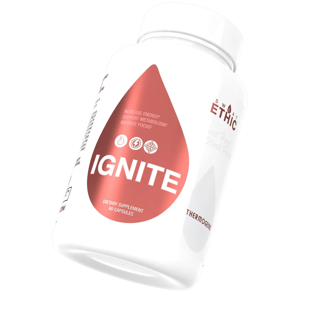 A container of Ignite Thermogenic supplement by Sweat Ethic, with a white and red label, designed for metabolism, energy, and focus.