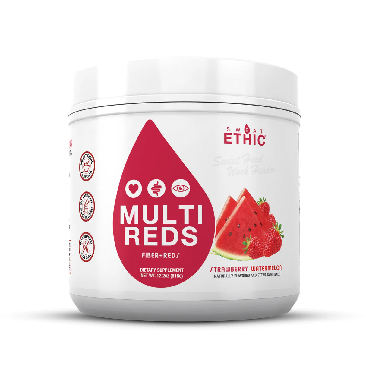 Sweat Ethic Multi Reds with Fiber and Beet Root supplement powder in Strawberry Watermelon flavor