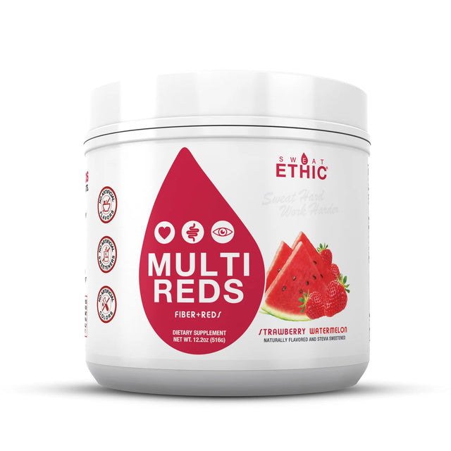Sweat Ethic Multi Reds with Fiber and Beet Root supplement powder in Strawberry Watermelon flavor