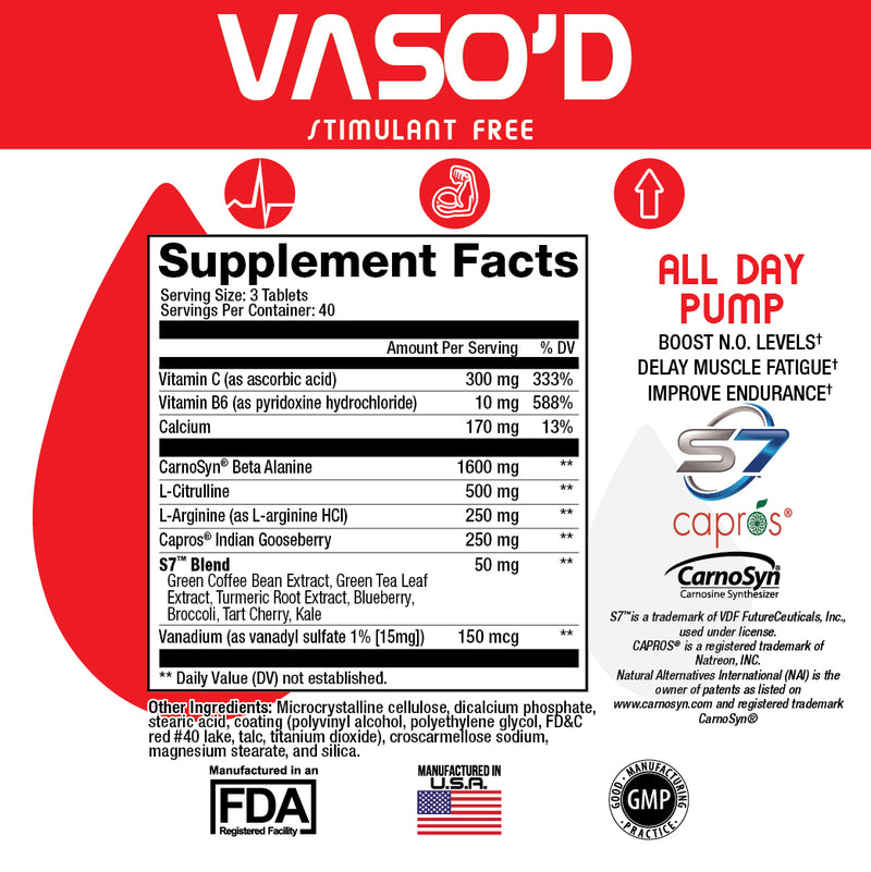 Sweat Ethic Vaso'D Stimulant Free Nitric Oxide Pump Tablets nutrition facts panel