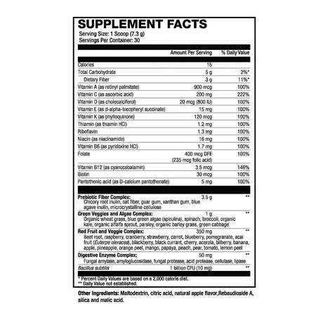 Sweat Ethic Vita Greens Vitamin plus Superfoods Greens Powder Supplement ingredients and facts panel.
