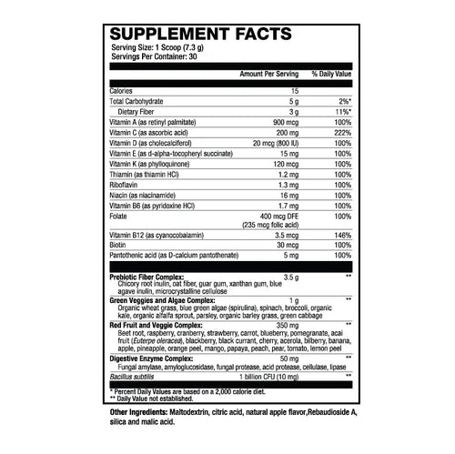 Sweat Ethic Vita Greens Vitamin plus Superfoods Greens Powder Supplement ingredients and facts panel.