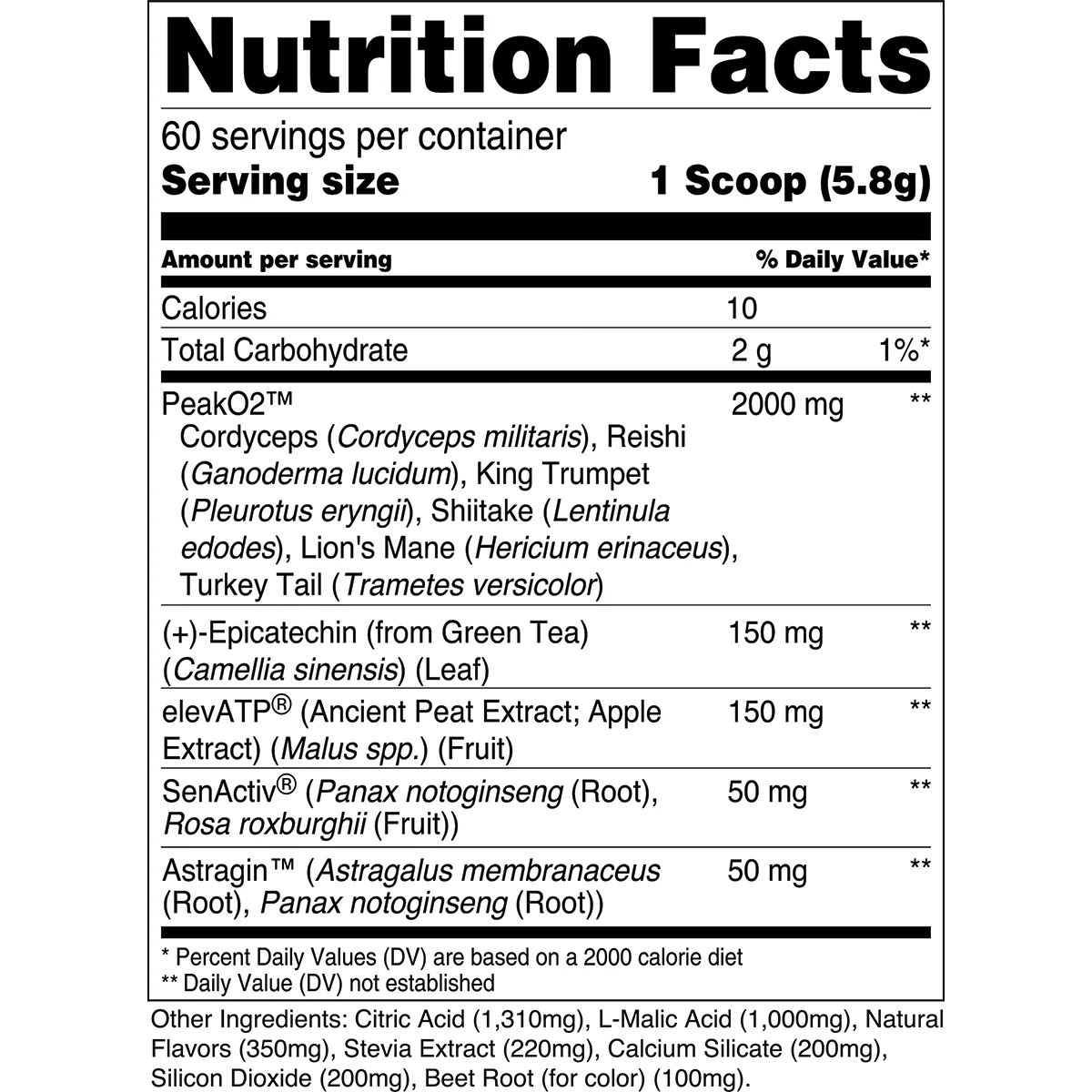 Transparent Labs BUILD nutrition facts: 1 scoop 5.8g with PeakO2 2000mg, Epicatechin 150mg, elevATP 150mg, SenActiv 50mg, AstraGin 50mg