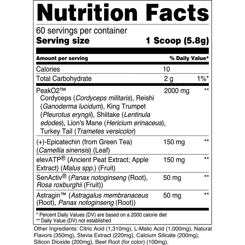 Transparent Labs BUILD nutrition facts: 1 scoop 5.8g with PeakO2 2000mg, Epicatechin 150mg, elevATP 150mg, SenActiv 50mg, AstraGin 50mg