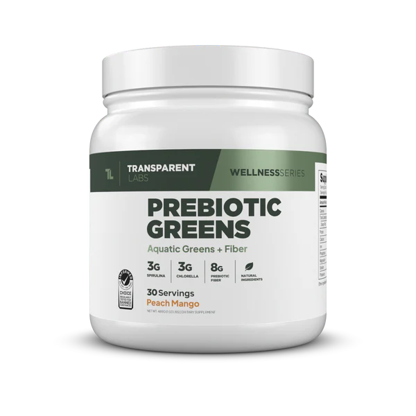 Transparent Labs Prebiotic Greens – Peach Mango, 30 servings; greens superfood powder with 3g spirulina, 3g chlorella, 8g prebiotic fiber