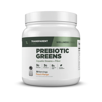 Transparent Labs Prebiotic Greens – Peach Mango, 30 servings; greens superfood powder with 3g spirulina, 3g chlorella, 8g prebiotic fiber