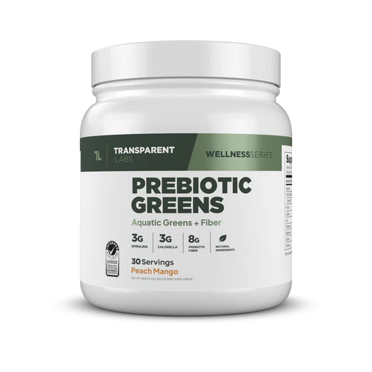 Transparent Labs Prebiotic Greens – Peach Mango, 30 servings; greens superfood powder with 3g spirulina, 3g chlorella, 8g prebiotic fiber