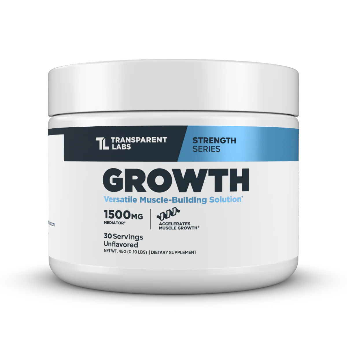 Transparent Labs Growth phosphatidic acid powder jar – 1,500 mg Mediator® PA per serving, unflavored muscle building solution in white & blue strength-series tub