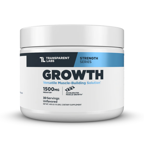 Transparent Labs Growth phosphatidic acid powder jar – 1,500 mg Mediator® PA per serving, unflavored muscle building solution in white & blue strength-series tub