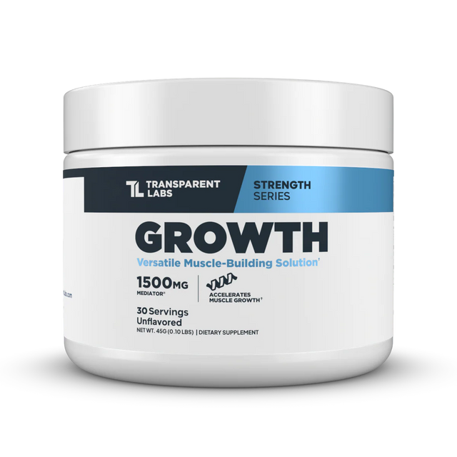 Transparent Labs Growth phosphatidic acid powder jar – 1,500 mg Mediator® PA per serving, unflavored muscle building solution in white & blue strength-series tub