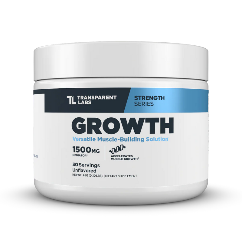 Transparent Labs Growth phosphatidic acid powder jar – 1,500 mg Mediator® PA per serving, unflavored muscle building solution in white & blue strength-series tub