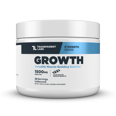 Transparent Labs Growth phosphatidic acid powder jar – 1,500 mg Mediator® PA per serving, unflavored muscle building solution in white & blue strength-series tub