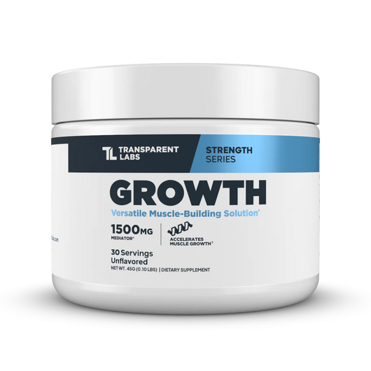 Transparent Labs Growth phosphatidic acid powder jar – 1,500 mg Mediator® PA per serving, unflavored muscle building solution in white & blue strength-series tub