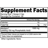Transparent Labs Growth supplement facts label – one scoop (1.5 g) delivering 1,500 mg Mediator® phosphatidic acid (yielding 750 mg PA); 30 servings per container, 10 calories, 1 g total fat