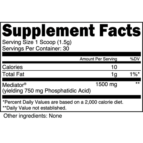 Transparent Labs Growth supplement facts label – one scoop (1.5 g) delivering 1,500 mg Mediator® phosphatidic acid (yielding 750 mg PA); 30 servings per container, 10 calories, 1 g total fat