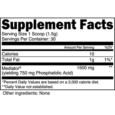 Transparent Labs Growth supplement facts label – one scoop (1.5 g) delivering 1,500 mg Mediator® phosphatidic acid (yielding 750 mg PA); 30 servings per container, 10 calories, 1 g total fat