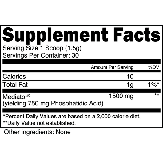 Transparent Labs Growth supplement facts label – one scoop (1.5 g) delivering 1,500 mg Mediator® phosphatidic acid (yielding 750 mg PA); 30 servings per container, 10 calories, 1 g total fat