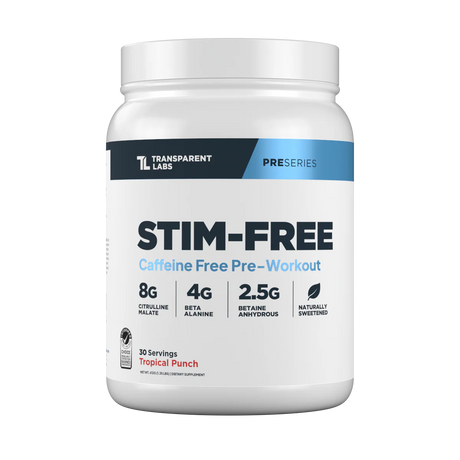 Transparent Labs Stim-Free caffeine free pre-workout supplement container on a white background