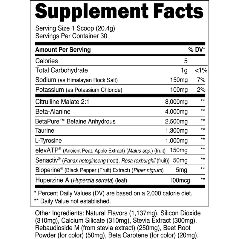 Supplement facts label for Transparent Labs Stim-Free Pre-workout with various nutrients listed on a white background