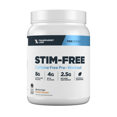 Peach Mango Flavored Transparent Labs Stim-Free caffeine free pre-workout supplement container on a white background 