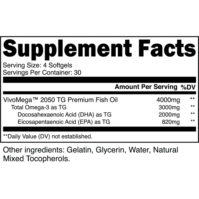 Transparent Labs Omega-3 Supplement Facts – 4000mg VivoMega TG Premium Fish Oil with 3000mg Omega-3, 2000mg DHA, and 820mg EPA per serving