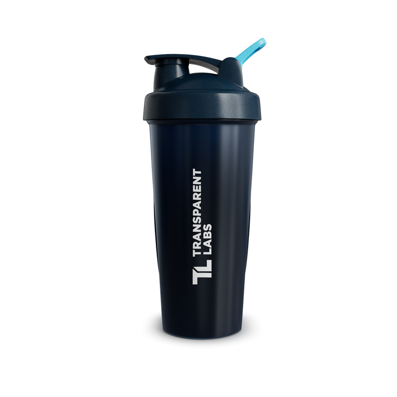 Transparent Labs shaker bottle by BlenderBottle, black with blue carry loop
