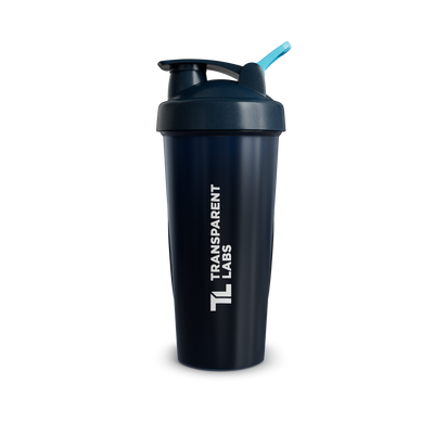 Transparent Labs shaker bottle by BlenderBottle, black with blue carry loop