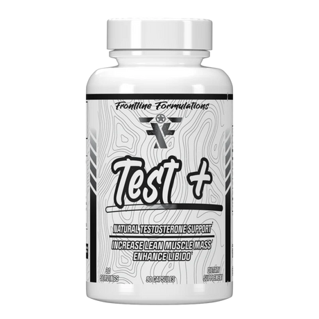 Frontline Formulations Test+ bottle with natural Tongkat Ali, Fadogia, Tribulus, and DHEA supplement for vitality, stamina, and energy support