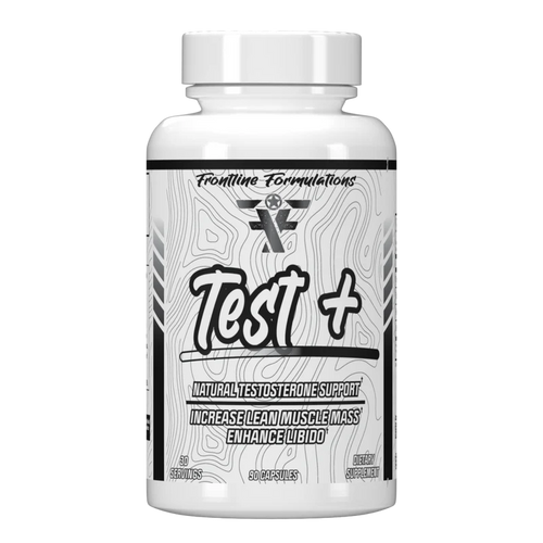 Frontline Formulations Test+ bottle with natural traditional herbal root extract, West African herbal extract, Tribulus, and DHEA supplement for vitality, stamina, and energy support