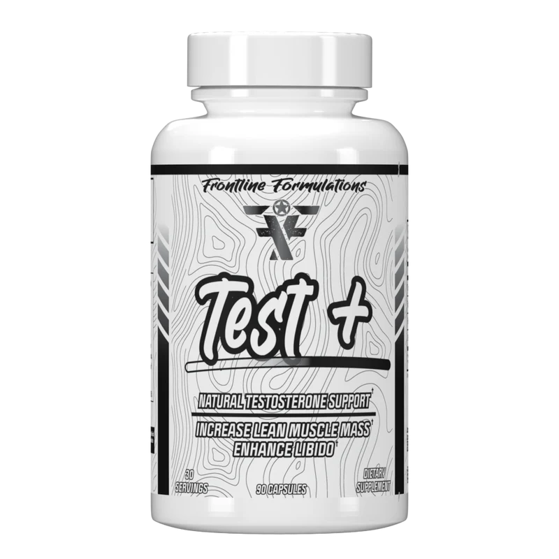 Frontline Formulations Test+ bottle with natural traditional herbal root extract, West African herbal extract, Tribulus, and DHEA supplement for vitality, stamina, and energy support