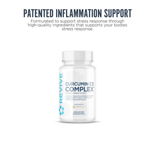 A white bottle of REVIVE Curcumin C3 Complex dietary supplement centered on a white background, with dark blue marketing text above reading 'PATENTED INFLAMMATION SUPPORT.' The bottle label shows the brand REVIVE and product name CURCUMIN C3 COMPLEX in dark blue lettering, with a small teal flower-like logo.
