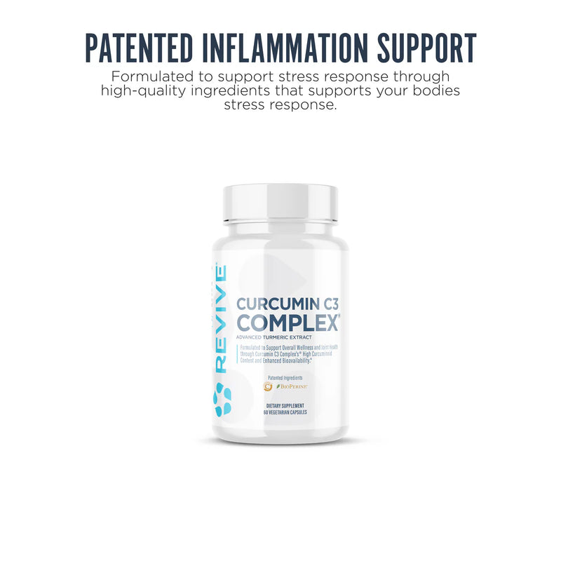 A white bottle of REVIVE Curcumin C3 Complex dietary supplement centered on a white background, with dark blue marketing text above reading 'PATENTED INFLAMMATION SUPPORT.' The bottle label shows the brand REVIVE and product name CURCUMIN C3 COMPLEX in dark blue lettering, with a small teal flower-like logo.
