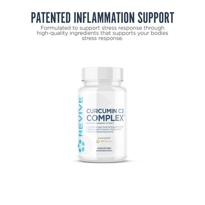A white bottle of REVIVE Curcumin C3 Complex dietary supplement centered on a white background, with dark blue marketing text above reading 'PATENTED INFLAMMATION SUPPORT.' The bottle label shows the brand REVIVE and product name CURCUMIN C3 COMPLEX in dark blue lettering, with a small teal flower-like logo.